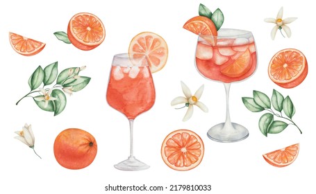 Watercolor illustration of hand painted orange cocktail in glass with slice of orange fruit, green leaves, flowers, cubical ice. Isolated clip art of goblet with aperol spritz. Alcohol beverage drink