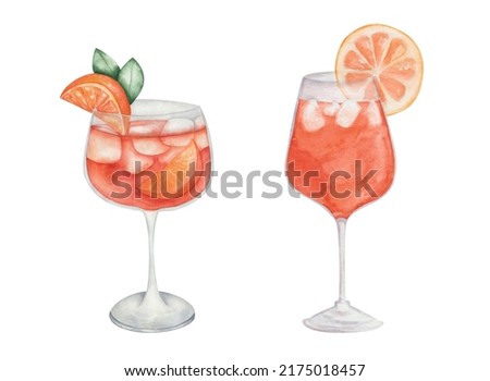Watercolor illustration of hand painted orange cocktail in glass with slice of orange fruit, green leaves, cubical ice. Isolated clip art of goblet with aperol spritz for menus. Alcohol beverage drink