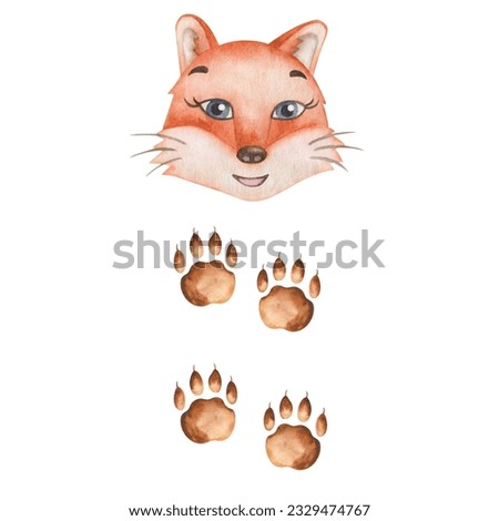 Watercolor illustration. Hand painted orange fox with fluffy cheeks, friendly smile and paws with claws. Smiling animal. Cartoon character. Isolated clip art for fabric prints, banners, posters