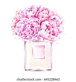 Watercolor illustration of hand painted perfume bottle and peonies