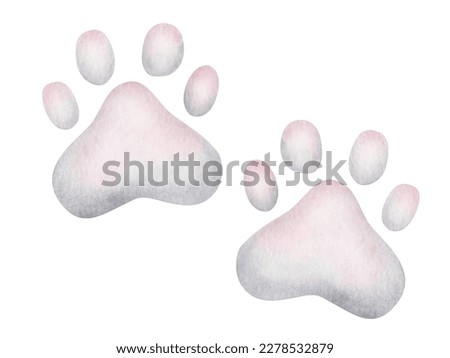 Watercolor illustration. Hand painted pink and grey paw print of kitten, puppy. Foot print of dog, cat. Canine, feline paws. World Animal Day. Isolated clip art for posters, banners, cards