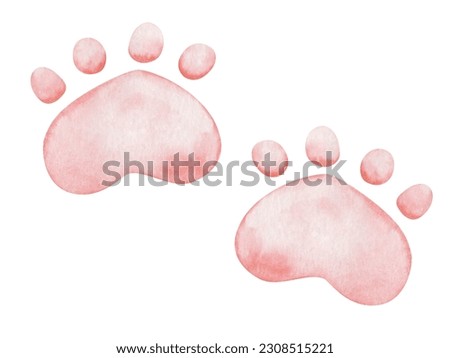 Watercolor illustration. Hand painted pink paw print of kitten, puppy, teddy bear. Cartoon foot print of dog, cat. Canine, feline paws. Domestic animals. World Animal Day. Isolated clip art for banner