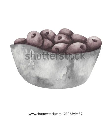 Watercolor illustration. Hand painted pitted black olives in a grey bowl. Food in a dish. Vegetables, friuts, berries in a plate. Kitchen utensil. Isolated clip art for banners, menus, advertisements