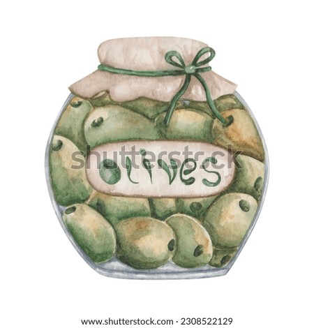 Watercolor illustration. Hand painted pitted green olives in a glass jar. Label with word Olives. Food in a transparent glass bottle. Canned vegetables. Isolated clip art for banners, advertisements