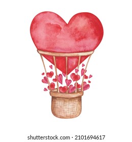 Watercolor Illustration Of Hand Painted Red Hot Air Ballon In Heart Shape With Basket Isolated On White. Clip Art Design Element For Love Postcards, Wedding Invitations. Cards For Valentine's Day