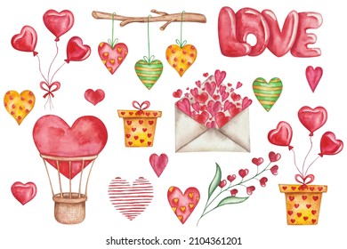 Watercolor Illustration Of Hand Painted Red Hot Air Ballon, Love Word, Hearts, Envelope, Gift Box, Flower. Isolated Clip Art Set Of Elements For Invitations, Textile. Love Card For Valentine's Day