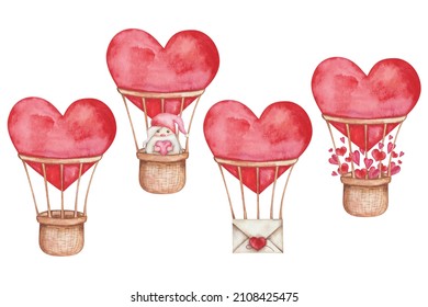 Watercolor illustration of hand painted red air ballon in heart shape with basket, cartoon dwarf, gnome, envelope. Isolated clip art elements for wedding invitation. Love card for Valentine's Day - Powered by Shutterstock