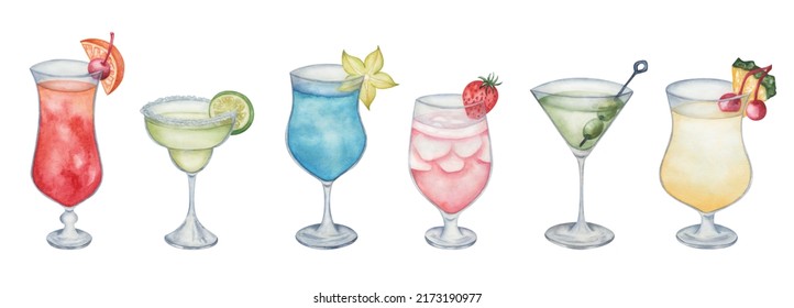 Watercolor illustration of hand painted red, yellow cocktails in glass with fruits, berries. Sex on the beach, margarita, blue lagoon, rum-runner, dry martini, pina colada. Alcohol beverage drinks