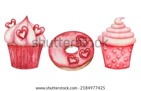 Watercolor illustration of hand painted red cupcakes, donut, biscuits, doughnut with icing, sugar hearts, meringue. Baked muffin with cream. Sweet food dessert. Isolated clip art for Valentine Day