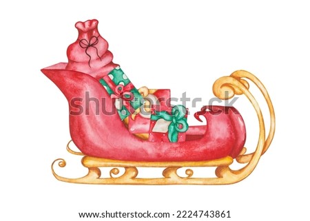 Watercolor illustration of hand painted red and golden sledge full of gift boxes. Santa Claus sleigh with presents. Sled for reindeers. Isolated clip art for New Year prints, Christmas postcards