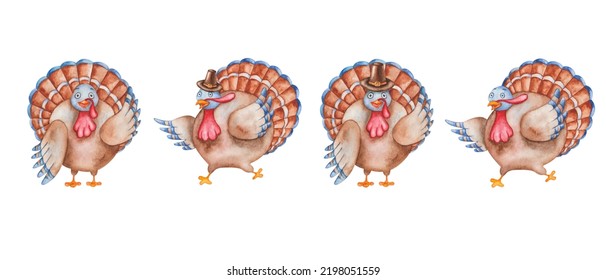 Watercolor Illustration Of Hand Painted Turkey Birds In Pilgrim Hats With Brown, Blue Feathers, Wings. Cartoon Animal Character. Isolated On White Clip Art For Prints, Posters, Cards For Thanksgiving