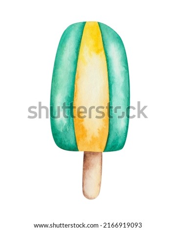 Watercolor illustration of hand painted yellow and green ice cream with melon flavor. Dessert sweet food. Ice lolly on wooden stick. Isolated clip art for packaging, textile print, menu, advertisement