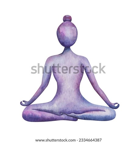 Watercolor illustration. Hand painted yoga girl sitting in lotus asana in purple, blue, violet colors. Yoga woman silhouette. Fitness, work out, exercises. Isolated sport clip art for banners, posters
