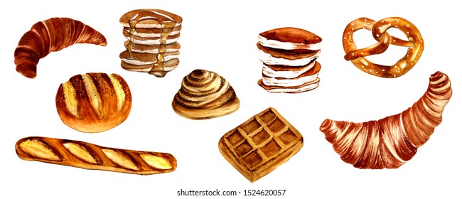 Watercolor Illustration. Hand Painting. Set Of Pastries: Croissants, Pretzel, Cinnamon Bun, Baguette, Waffle, Pancakes And Bun With Spices.
