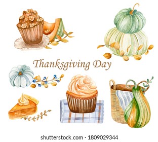 Watercolor Illustration. Hand-drawn Pumpkins, Wicker Basket, Pumpkin Cupcake, Pie And Muffin. Thanksgiving, Autumn