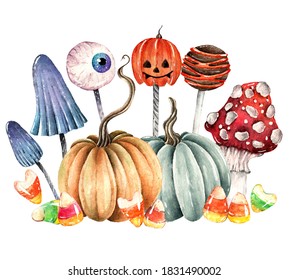 Watercolor Illustration. Happy Halloween. Pumpkins, Poisonous Mushrooms, Candy Corn, Cake Pop. Handmade, Postcard, Print On T-shirt