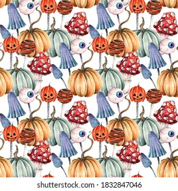 Watercolor Illustration. Happy Halloween. Pumpkins, Poisonous Mushrooms, Candy Corn, Cake Pop. Light  Background, Seamless Pattern