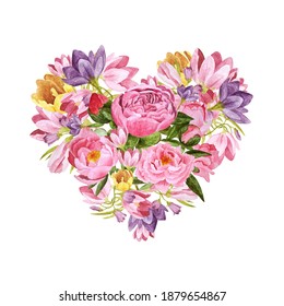 Watercolor Illustration Heart-shaped Set Of Flowers. Elegant Floral Design Elements For Postcard, Invitation, Cover, Decoration