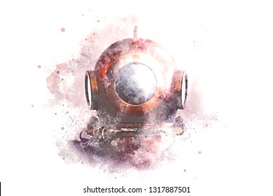 Watercolor illustration  A helmet from an old diving suit 