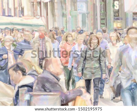 watercolor illustration: highly frequented pedestrian precinct on Saturday afternoon