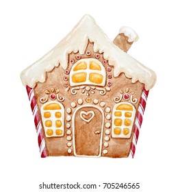 Watercolor Illustration Holiday Gingerbread House Candy Stock ...