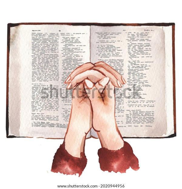 watercolor illustration\
holy bible with hands on white background. Design for church,\
cards, banner,\
greetings