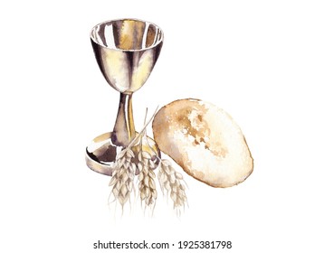 Watercolor illustration.  Holy Communion, Last Supper.  A bowl of wine, bread, grapes and ears of wheat.  Easter service, Catholicism, Protestantism