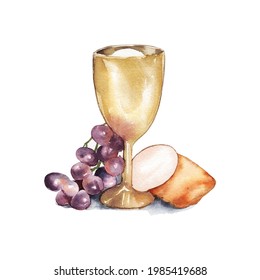 Watercolor illustration. Holy Communion, Last Supper. A bowl of wine, bread, grapes and ears of wheat. Easter service, Catholicism, Protestantism
