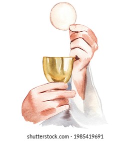 Watercolor illustration. Holy Communion, Last Supper. A bowl of wine, bread, grapes and ears of wheat. Easter service, Catholicism, - Powered by Shutterstock