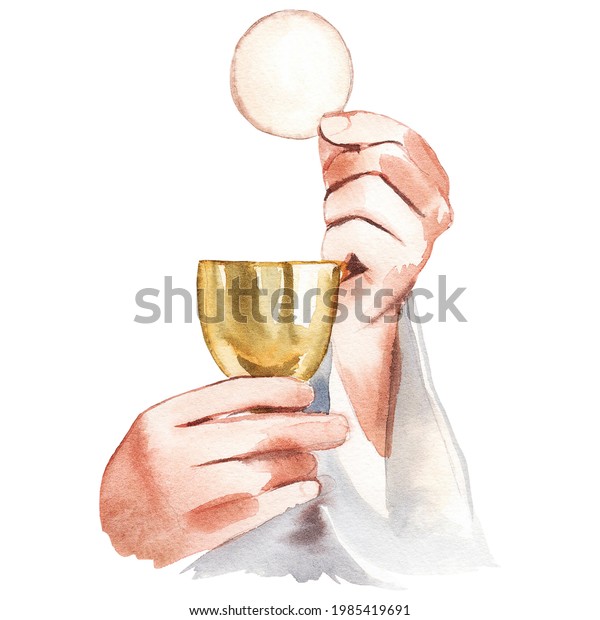 Watercolor illustration. Holy Communion,\
Last Supper. A bowl of wine, bread, grapes and ears of wheat.\
Easter service,\
Catholicism,