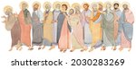 Watercolor illustration of holy people, apostles. A meeting, a course for prayer, service to God. For the design of publications, bible journals, articles