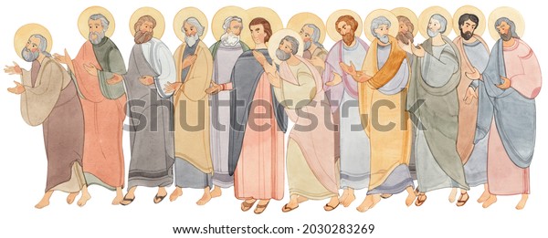 Watercolor illustration of holy\
people, apostles. A meeting, a course for prayer, service to God.\
For the design of publications, bible journals,\
articles