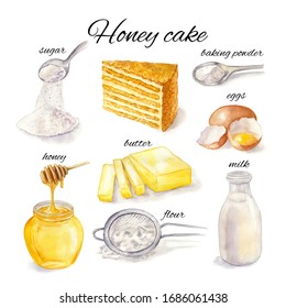 Watercolor Illustration Of Honey Cake And Baking Ingredients On A White