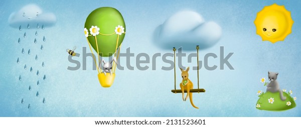 Watercolor illustration with hot air balloon, clouds and sun for kids wallpapers and mural, fresco. Horizontal landscape.