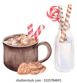 Watercolor Illustration With Hot Winter Drinks, Hand Draw Cocoa, Marshmallow, Cookies And Candy On White Background