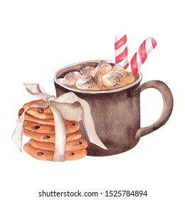 Watercolor Illustration With Hot Winter Drinks, Hand Draw Cocoa, Marshmallow, Cookies And Candy On White Background