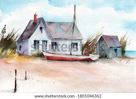 Watercolor illustration of a house and a boat on a sandy beach with some trees and blue sea on the background

