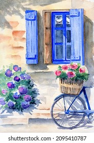 Watercolor illustration of a house wall with a window with blue wooden shutters, flowers in a flower bed and a blue bike with a basket of flowers