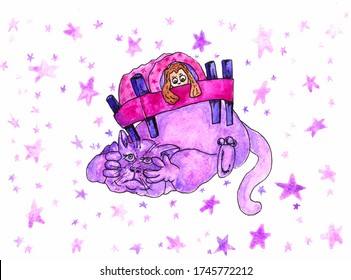 watercolor illustration huge pink monster cat covering its eyes and its hands under the bed and girl peeking out from under the blanket white background and pink stars