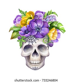 Watercolor Illustration, Human Skull Decorated With Tropical Flowers, Halloween Character, Holiday Clip Art Isolated On White Background