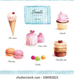 Watercolor illustration ice cream  cakes  muffins candies  macaroons the white background  Sweets hand painted illustrations 