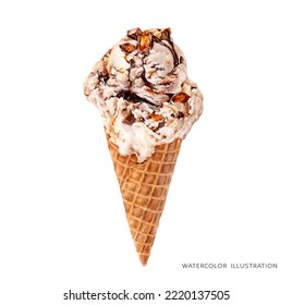 Watercolor Illustration Of Ice Cream Cone Isolated On White Background. Full Waffle Cone With A Scoop Of Vanilla Ice Cream With Peanut Butter And Chocolate