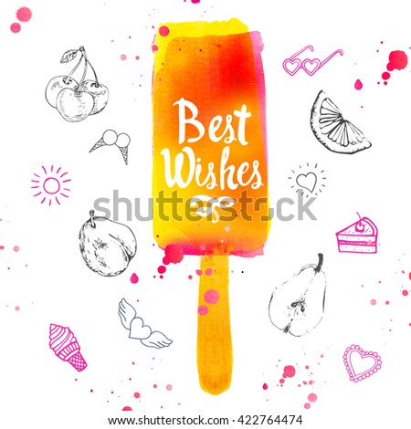 Watercolor illustration with ice cream on a stick. Poster with summer cold dessert. White background. Orange flavor sorbet. Sweet Popsicle. Best wishes.