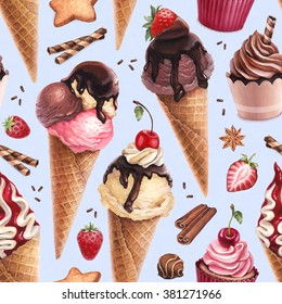 Watercolor Illustration Of Ice Cream. Seamless Pattern