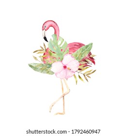 Pink Flamingo Bird Flowers Watercolor Stock Illustration 758637343