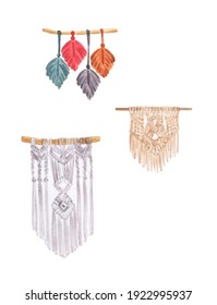 Watercolor Illustration Interior Boho Scandi Macrame.