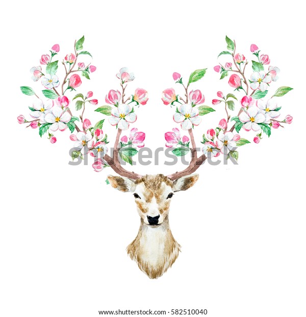 鹿の背景に水彩イラスト 大きな枝 桜の花を咲かせる枝 のイラスト