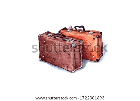 watercolor illustration Isolated, old leather brown suitcase, vintage, retro. sketch for postcard. Retro interior