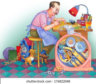 Watercolor illustration isolated on white background. Watchmaker at the table with tools repairing a wrist watch at his workshop - Powered by Shutterstock