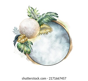 Watercolor Illustration Isolated On White Background. Botanical Round Frame Decorated With Assorted Gold And Green Tropical Palm Leaves And Moon